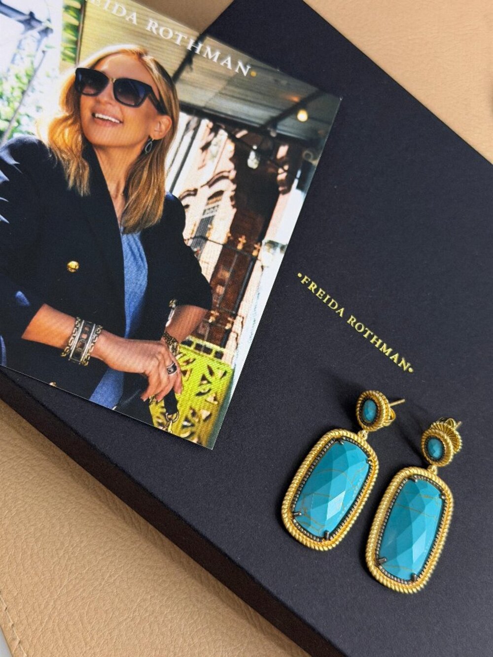 FREIDA ROTHMAN - Gold-Trim Turquoise Drop Earrings